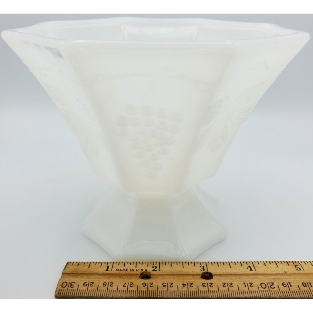 Vtg Anchor Hocking Milk Glass Grapes Bowl Pedestal Footed Octagonal Compote  MCM